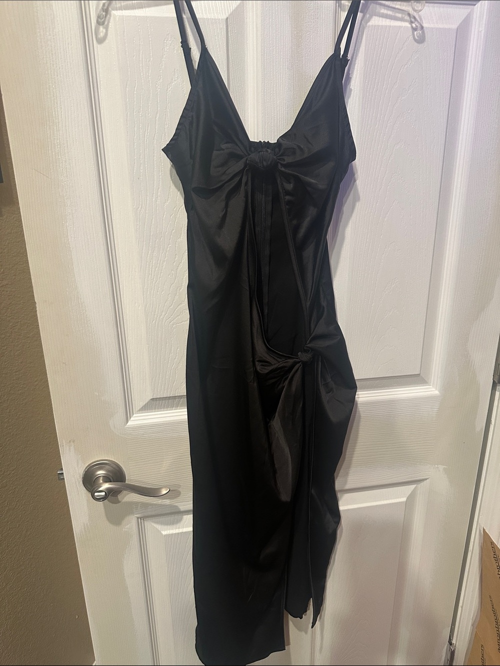 Pretty Little Thing Black Satin Tie-Detail Slip Dress with peekaboo openings